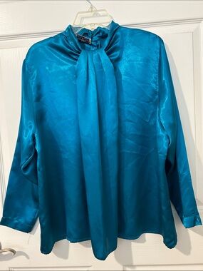 Sonya Ratay for San AndreSilky Teal Long-Sleeve Tie-Neck Blouse , Sz. L.
